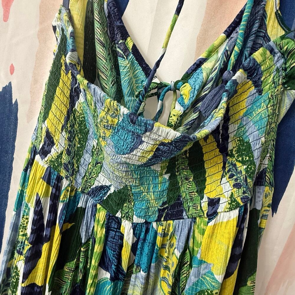 Aerie Paradise Palm Green Blue Halter Cutout Maxi Dress Size Large - Picture 12 of 14